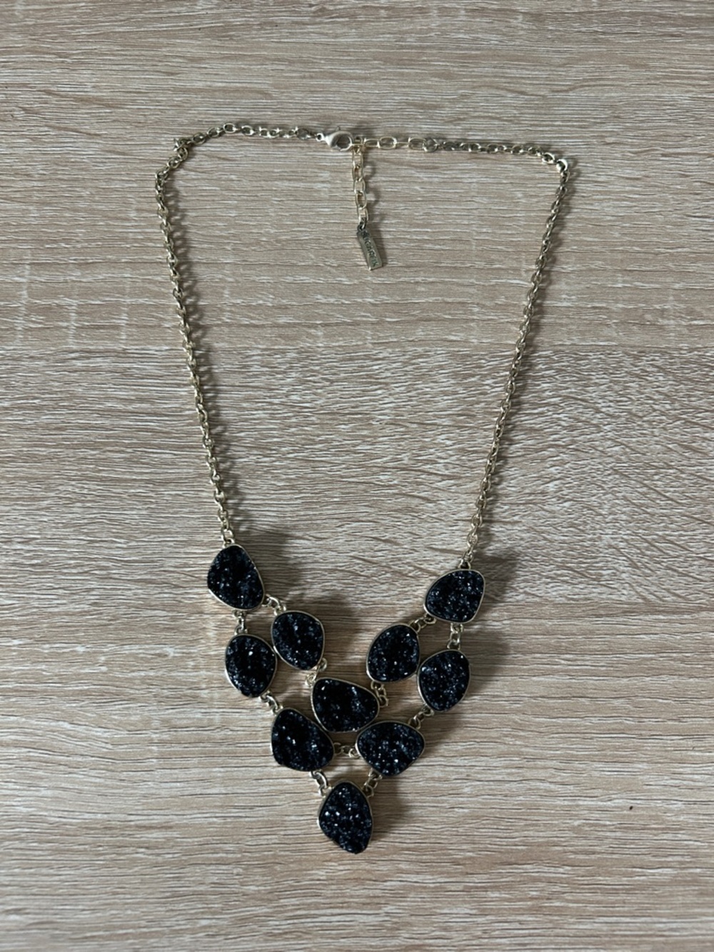 Gold-Tone Necklace with Black Druzy Teardrops